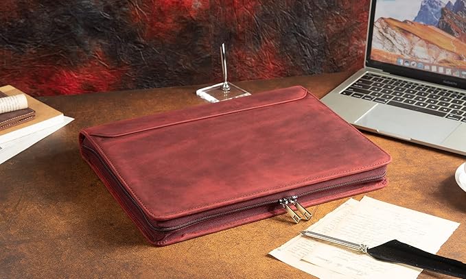 Free Engraved Name, Personalized Leather Binder Portfolio, 3 Ring Binder Business Portfolio for Women, Zippered Padfolio with A4 Clipboard, Organizer for A4 Legal Sized Notepad, Customized Gift, Red