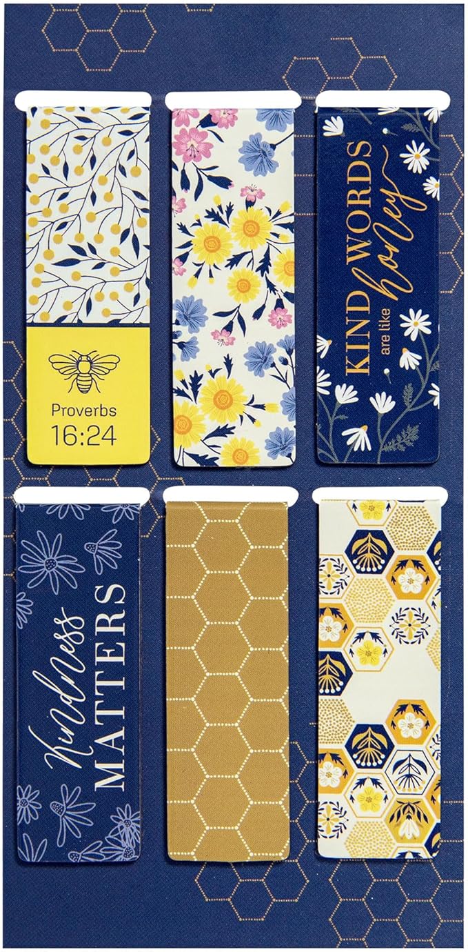 Christian Art Gifts Colorful Inspirational Magnetic Scripture Bookmark Set for Women: Kind Words are Like Honey Themed Navy Blue & Yellow Multicolor Floral Theme for Books, Bibles, Papers, Set of 6