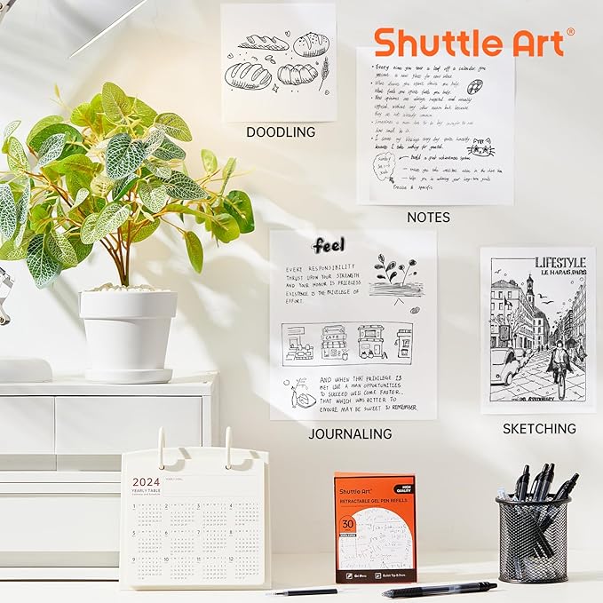 Retractable Gel Pen Refills, Shuttle Art 30 Pack Black Rollerball Gel Ink Pens Refills, Bulk Set, 0.7mm Fine Point for Writing Journaling Taking Notes School Office Home