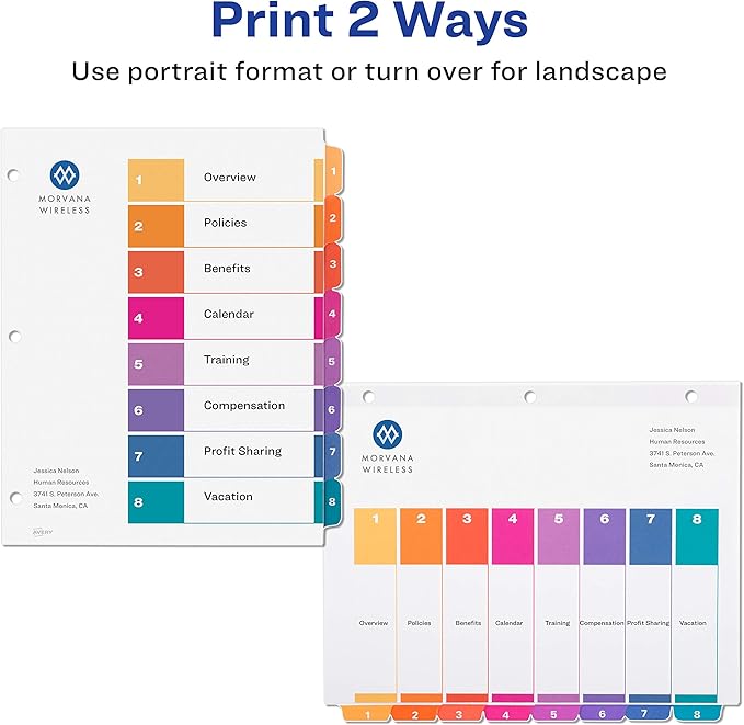 Avery 10-Tab Dividers for 3 Ring Binders, Customizable Table of Contents, Multicolor Tabs, 24 Sets (11169) & 8-Tab Dividers for 3 Ring Binders, Customizable Table of Contents, Multicolor Tabs
