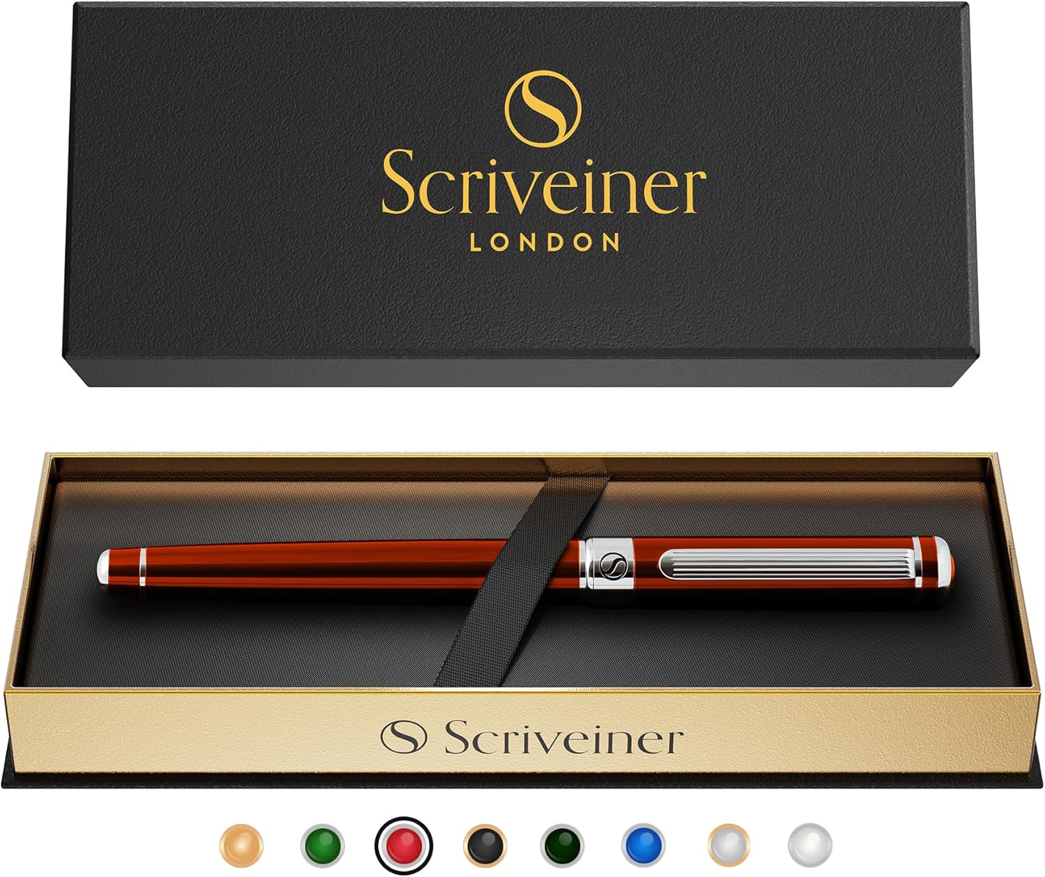 Scriveiner Deep Crimson Red Rollerball - Stunning Red Lacquer Luxury Pen with Chrome Finish, Schmidt Ink Refills, Roller Ball Pen Gift Set for Men & Women, Professional, Executive, Office, Nice Pens
