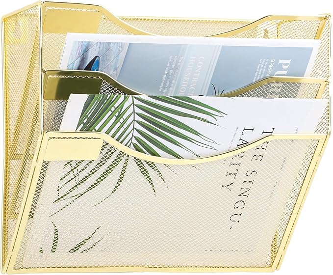 EASEPRES 3 Pocket Mesh Hanging Wall File Organizer, Wall Mounted Mail Paper Document Folder Holder, Clipboard Storage Organization Magazine Rack with Nametag Label for Office Home School, Gold