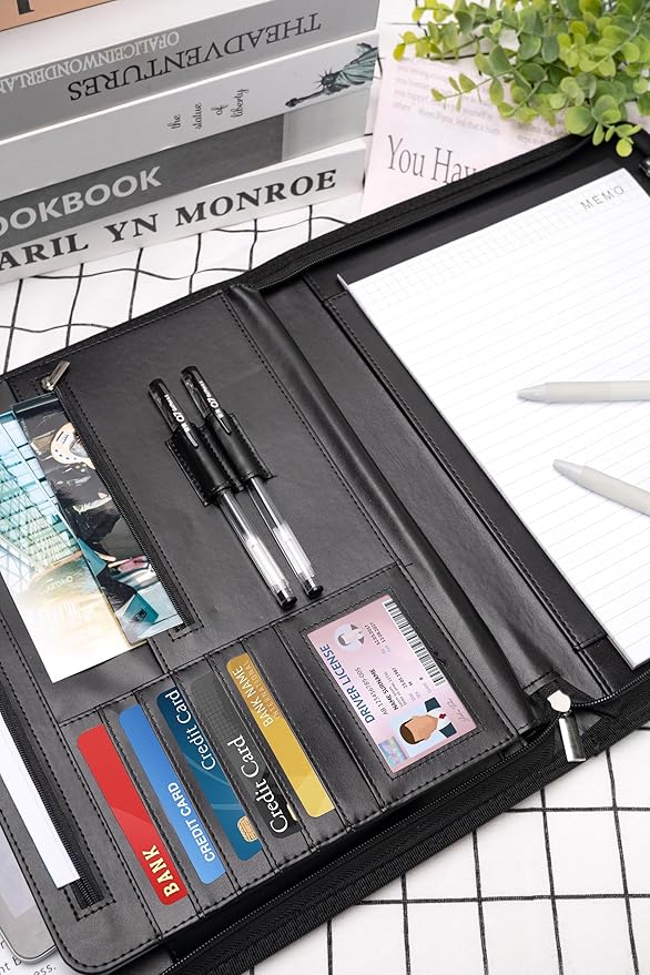 Gwybkq Padfolio Organizer Zippered Portfolio, Leather Binder with Notepad and Gel Pens, Men Women Business Folder for Resume, Document, Pad, Phone and Cards (Black)