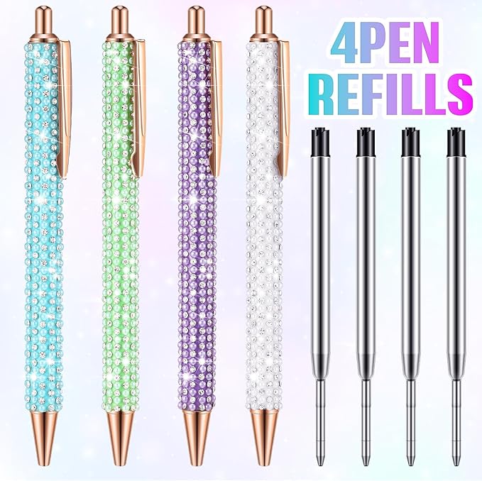 Ireer 4 Pcs Bling Rhinestone Sparkly Pens for Women Diamond Ink Crystal Glitter Metal Ballpoint Bedazzled Fancy Pens 4 Pcs 1.0mm Refills(Purple,Green,Blue,White)