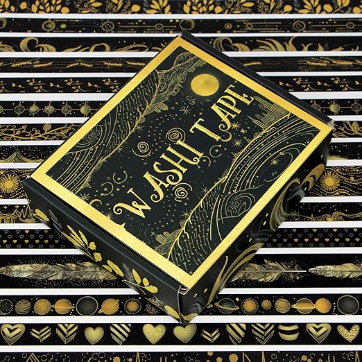 Black Washi Tape Set, 27 Rolls Black Gold Foil Decorative Masking Tape for Bullet Journaling, Scrapbooking Supplies, Watercolor Painting