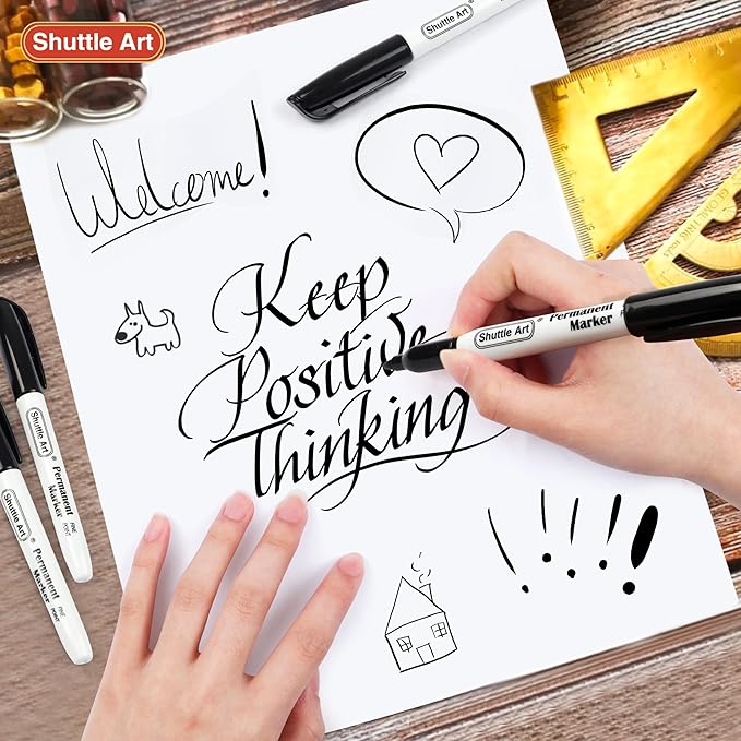 Shuttle Art Permanent Markers, 100 Pack Black Permanent Marker set,Fine Point, Works on Plastic,Wood,Stone,Metal and Glass for Doodling, Marking