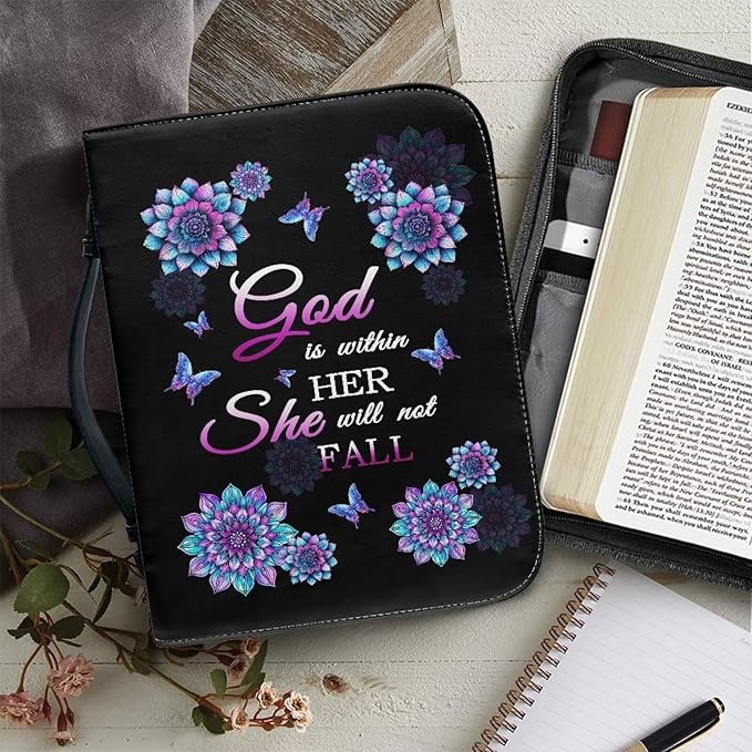Lotusorchid Mandala Flower Butterfly Bible Covers for Women, God is within Her, She Will Not Fall, Cross Printed Bible Case Large Size Bible Bag with Pockets Bible Carrying Church Bag Bible Case