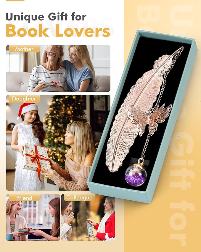 Bookmarks Christmas Stocking Stuffer for Women, Teacher Gifts Cute Metal Feather Bookmark Butterfly Unique Birthday Holiday Reading Gifts for Mom Wife Daughter Teen Girls Book Lovers Reader Coworker