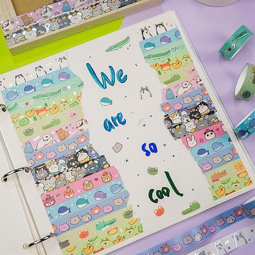YUBBAEX 20 Rolls Cute Animals Washi Tape Set Gold Silver Foil Masking Cartoon Pets Decorative Tapes