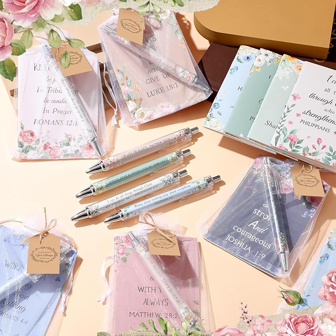 200 Pcs Bible Verse Sets Church Christian Gift Include 50 Scripture Notebooks 50 Bible Bamboo Pens 50 Thanks Tags 50 Organza Bags for Women Man Christian Party Gifts(Cute Color,Flower)