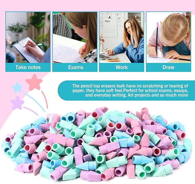 PRALB 400PCS Pencil Top Eraser Bulk Caps for Pencils,Chisel Shape Erasers Toppers Assorted Colors for Party Favors Games Prizes, Pencil Top Erasers Cap for Home School Classroom Office,Color 4