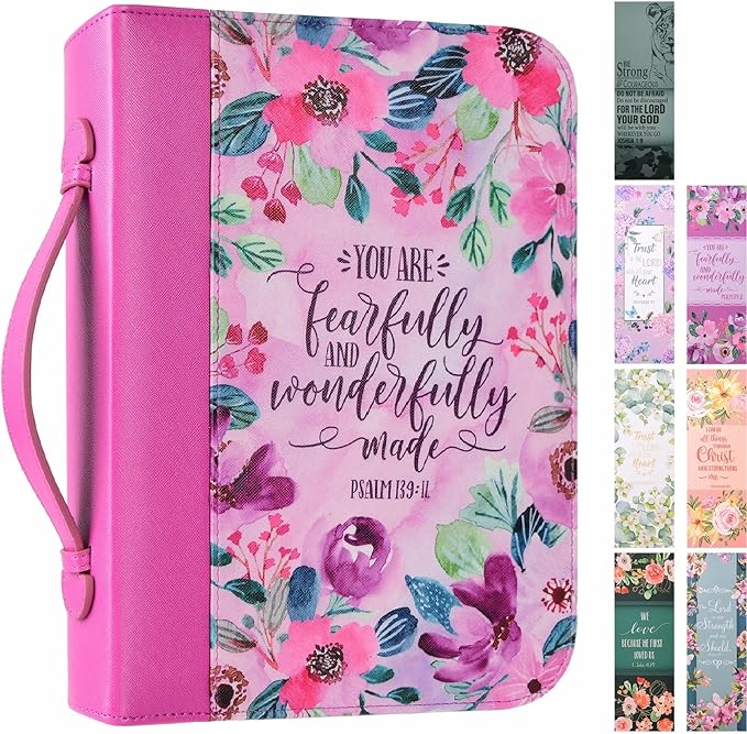 Bible Covers Case for Women Large Leather Bible Carrying Cases Holder Pink 10.8"x7.8"x2" Floral Bible Carrier Tote Bags with Bookmarks Handles Pockets Christian Study Bible Book Gifts