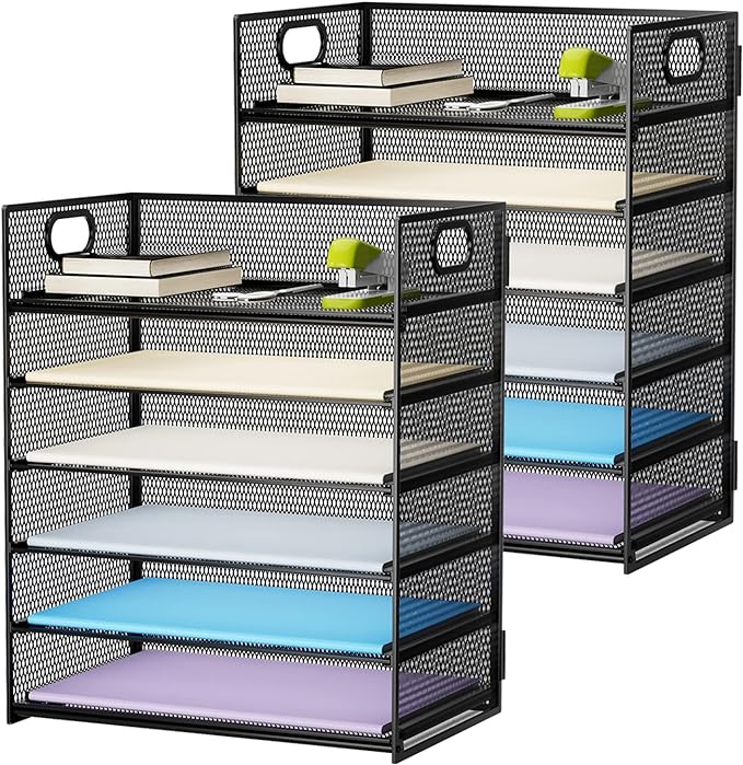 Marbrasse 2 Pack Desk Organizer with Handle, 6 Tier Paper Letter Tray, Mesh File Organizer for Office, School and Home