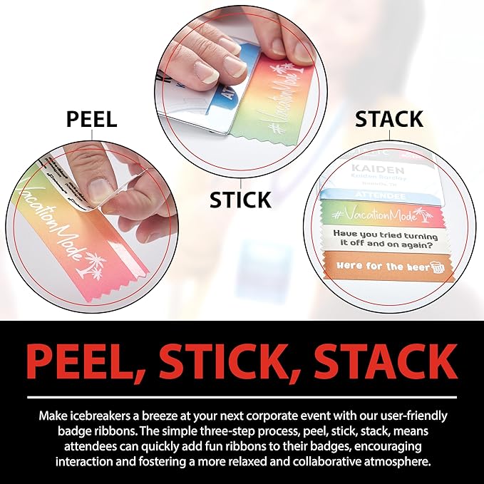 Icebreaker Corporate Badge Ribbons with Adhesive, 4" x 1-5/8" 100pk (10 Titles, 10 per Title), Satin Ribbon