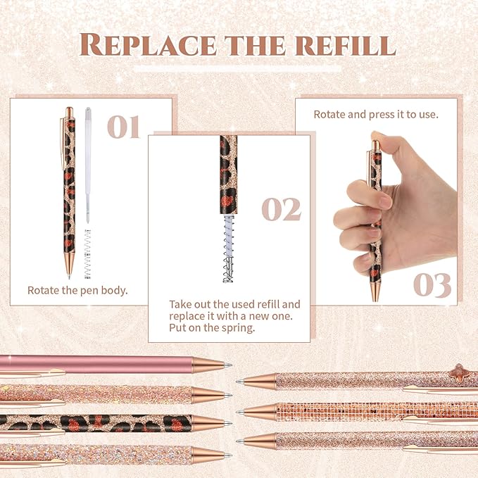Sherr 7 Pcs Fancy Pens for Women Cute Sparkly Glitter Pens with 10 Pcs Black Ink Refills Pretty Gifts for Girls Office School Christmas Graduation(Rose Gold,Elegant)