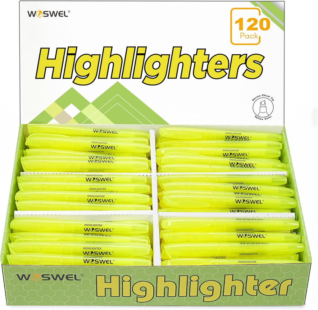 Highlighters Bulk, Woswel 120 Pack Fluorescent Yellow Highlighter Markers Set for Underlining, Color Transparent Visible Fluorescent Pen Shell, Wide Chisel Point Mark,Perfect for Classroom,Office,Home