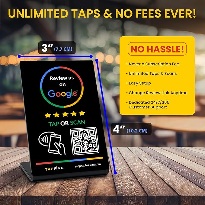 Tap Google Review Stand by TapFive - Tap for Instant Reviews - All Phones Compatible - Reusable Smart Tap NFC & QR - Boost Business Reviews - Zappy Fast - Powered by TapFive (Black, 1 Stand)