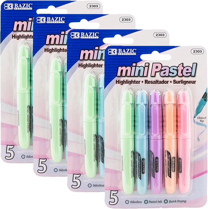 BAZIC Mini Highlighter Pen Pastel Color, Chisel Tip Broad Fine Line Highlighters Unscented (5/Pack), 4-Packs