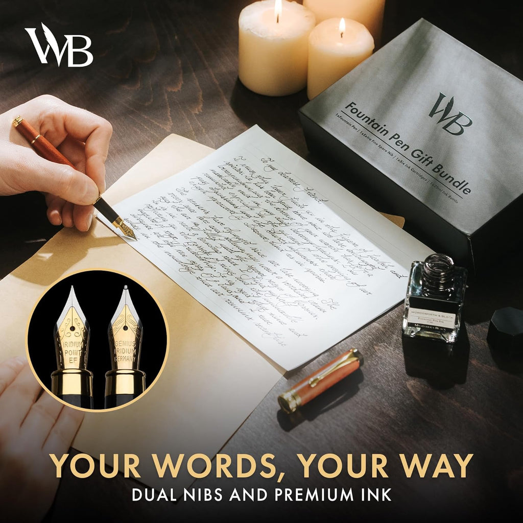 Wordsworth & Black Fountain Pen Set, Luxury Bamboo Wood - Medium Nib, Extra Fine Nib, Gift Case; 25ML Black Ink Bottle, 6 Ink Cartridges, Refill Converter - Calligraphy, Writing [Brown Wood]