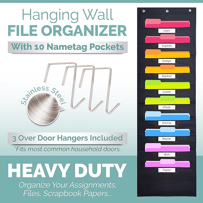 Black Pocket Chart for Classroom - 10 Pocket Storage Rainbow Pocket Charts , 3 Over Door Hangers Included, Hanging Wall File Organizer for File Folders, School Mailbox, Home/Office Papers