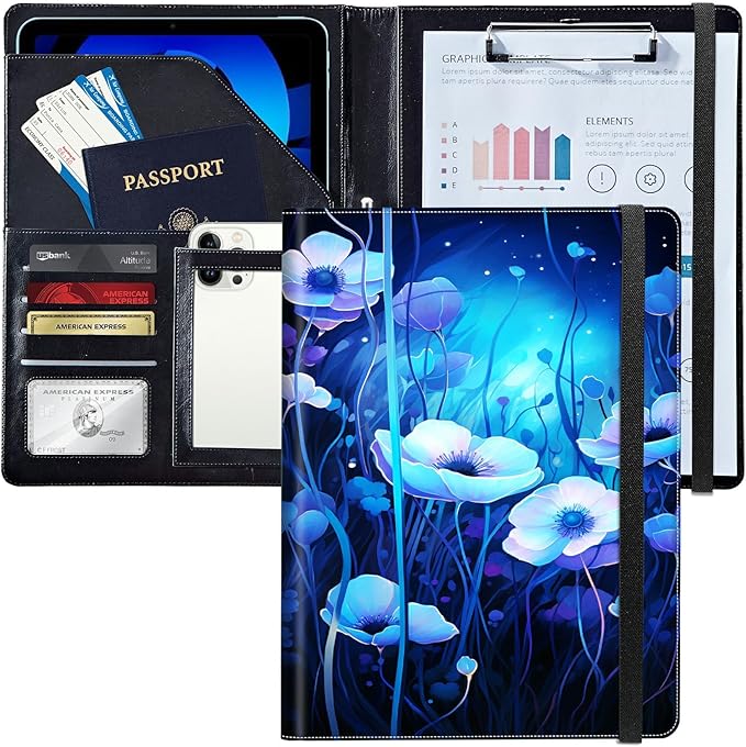 PU Leather Padfolio Folder Clipboard Portfolios Organizer Conference Document Organizer with Business Card Holder Storage Clipboard Writing Pad,Blue Flowers
