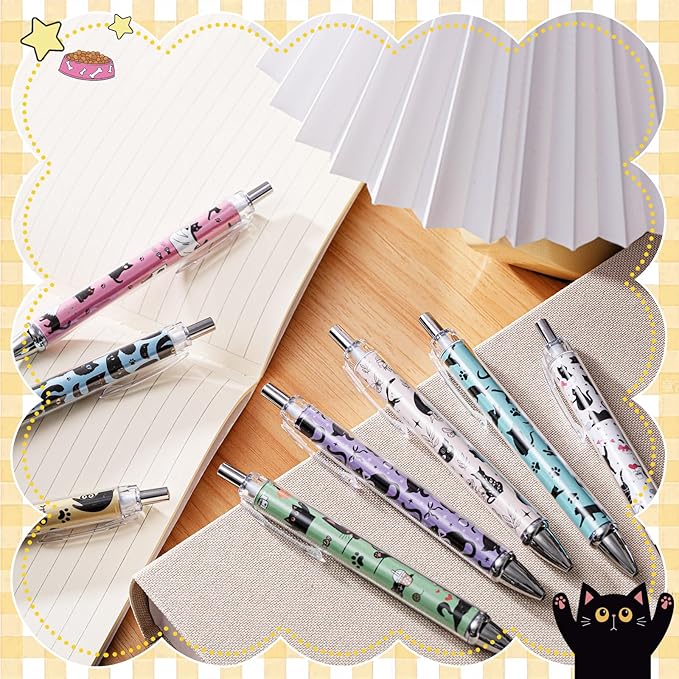 Ireer 8 Pcs Ballpoint Pens for Women 1.00 mm Cute Black Ink Fancy Pens Fine Point Smooth Writing for Journaling Aesthetic Office Supplies (Black Cat)