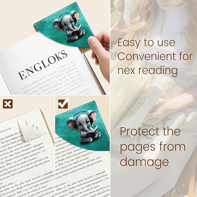 Cute Elephant Corner Bookmarks, Funny Leather Book Accessories for Book Lovers, 3 Pcs Reading Book Page Markers for Women Men Student Teacher Girls Boys Kids Retirement Birthday Gifts