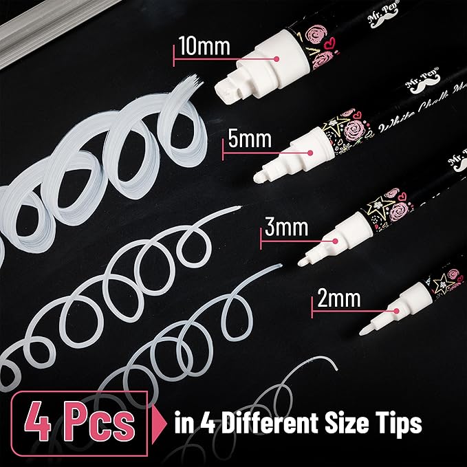 Mr. Pen- White Chalk Markers, 4 pcs, Assorted Size, Chalk Marker, Chalk Pen, Liquid Chalk Marker, Chalk Markers White, White Chalk Pen, Chalkboard Marker, White Chalkboard Marker, Chalkboard Pen