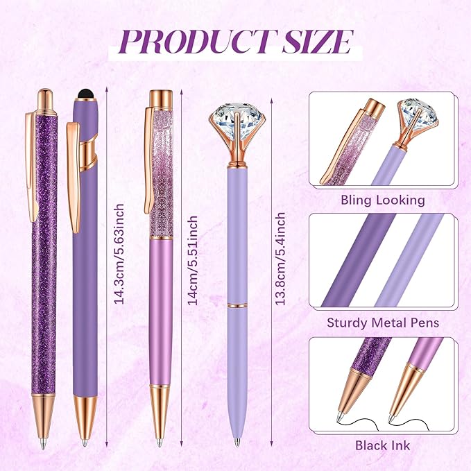 Sabary 8 Pcs Ballpoint Pens with Pen Holder for Desk Metal Crystal Diamond Pen Glitter Pencil Holder Fancy Pens Black Ink Bling Desk Organizer for Women Girls Office School Wedding Gifts (Violet)