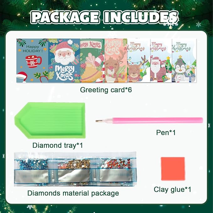 6 Pack 5D Diamond Art Painting Christmas Greeting Card Kits Paint with Diamonds Christmas Greeting Cards with Envelope Christmas DIY Crafts for Holiday, Friends and Family Creative Gift