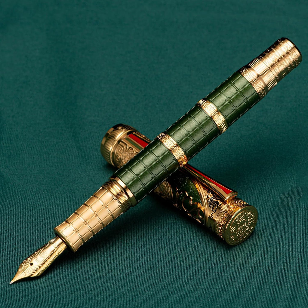 Hongdian D5X Fountain Pen - Green Qin Dynasty Retro Chinese Totem Engraving, Extra Fine Nib, Smooth Writing with Converter and Pen Box Set