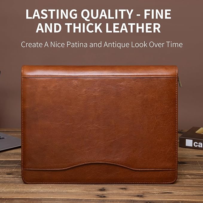 YIWEN Handmade Crazy-Horse Leather 3 Ring Binder Portfolio Padfolio Folder with Zipper for Men and Women, Business Organizer for Letter A4 Size for Meeting and Travel (Non-custom, Oil Wax-brown)