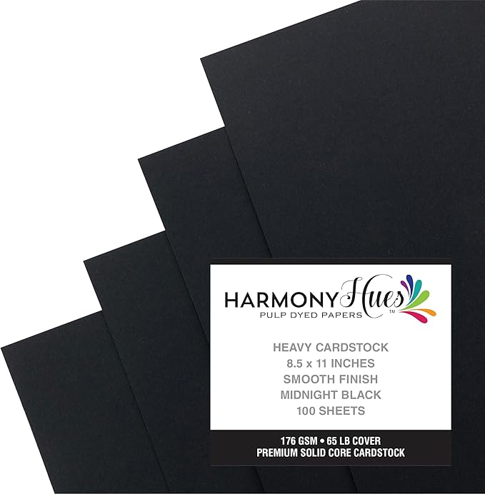 Cardstock 8.5 x 11 Paper Pack - 65lb Smooth Card Stock for Crafts, Cardmaking, Printers - 100 Scrapbook Sheets - Double Sided with Solid Core, Midnight Black