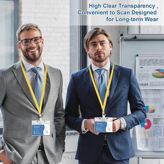 100 Pcs Lanyards for ID Badges and 100 Pcs Clear Name Tag Holders Reusable Lanyard with Clip Plastic ID Card Badge Holder Name Badges for Adults Kids Business School Office Supplies (Yellow)