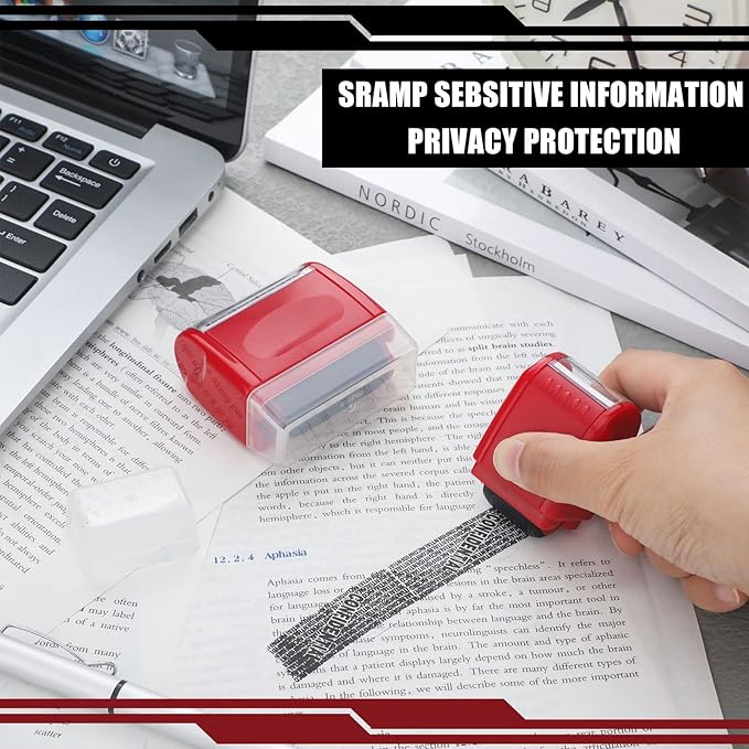 Nezyo 2 Pack Identity Protection Roller Stamp Identity Theft Stamp Confidential Roller Stamp Privacy Stamp Information Blocker Stamp and 4 Pack Refill Ink for ID Account Data Address Security(Red)