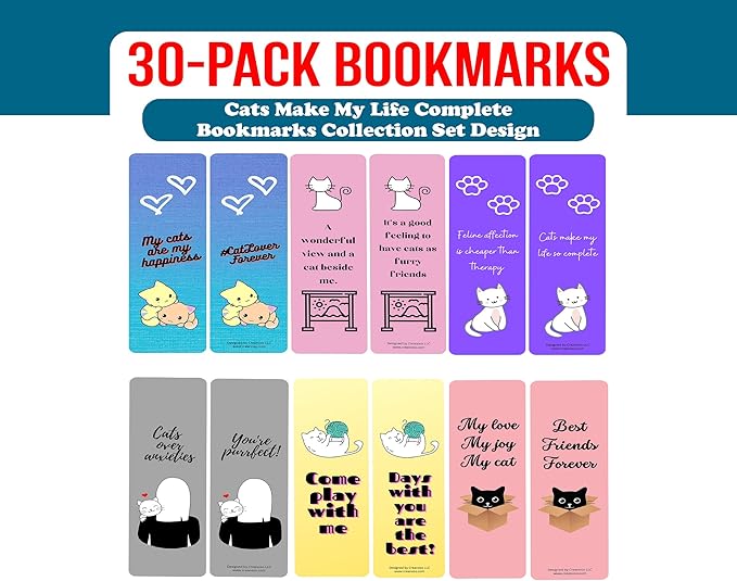 Creanoso Cats Make My Life Complete Bookmarks (5-Sets X 6 Cards) – Daily Inspirational Card Set – Interesting Book Page Clippers – Great Gifts for Adults and Professionals