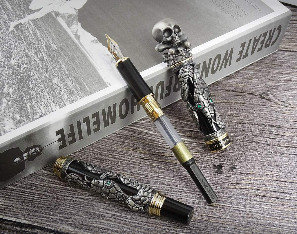 Jinhao Black Snake Fountain Pen Fine Nib with Skull Head Solid Metal