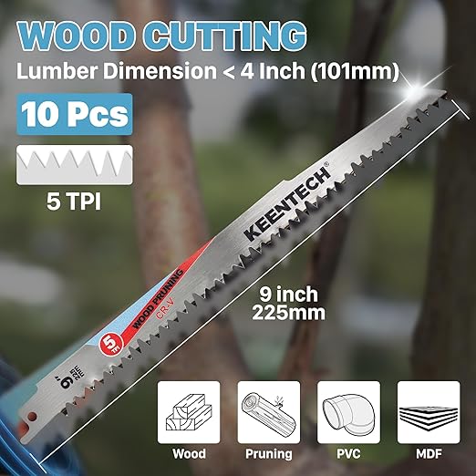 KEENTECH CR-V Sawzall Pruning Blades, 9 Inch 5TPI, with Fleam Ground Teeth for Tree Branch Root Wood, PVC Pipe Cutting, Reciprocating Saw Blade Fast Cutting for Professional, DIYer, Gardener, 10 Pack