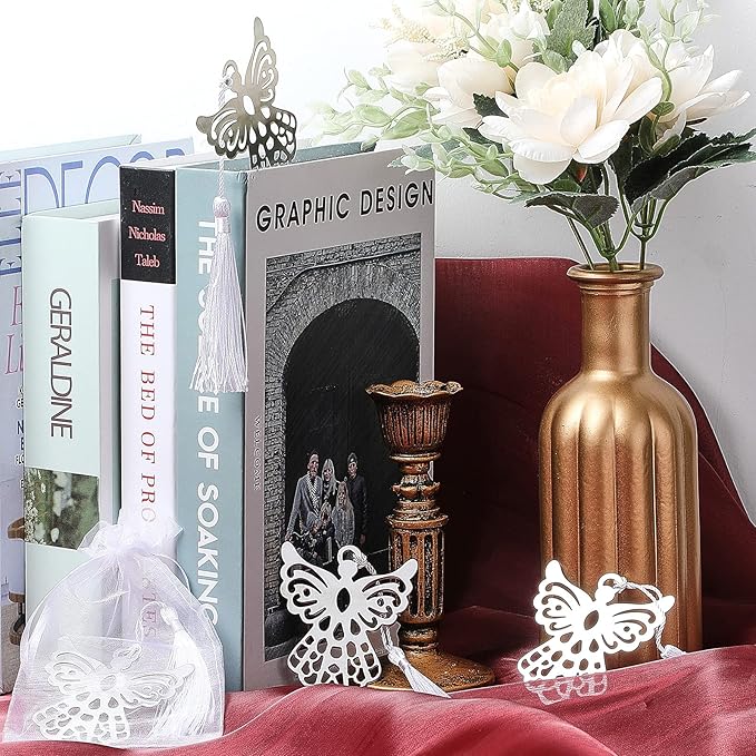 Chinco Metal Angel Bookmark Angel Charm Party Favors with Silky Tassels Angel Bookmark Bulk for Funeral Christmas Wedding Party Gift Book Lovers(80 Pieces)