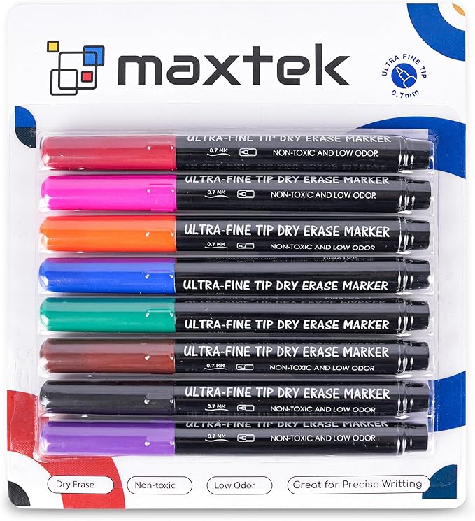 maxtek Dry Erase Markers Ultra Fine Tip, Assorted Colors, Low Odor, School Supplies Classroom Take Note Dry Erase Markers, 8 Counts