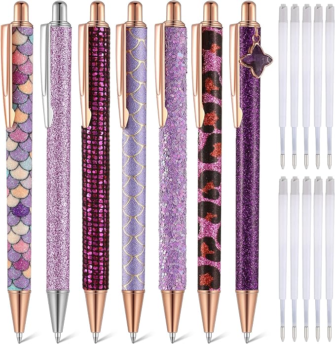 Sherr 7 Pcs Fancy Pens for Women Cute Sparkly Glitter Pens with 10 Pcs Black Ink Refills Pretty Gifts for Girls Office School Christmas Graduation(Purple,Stylish)