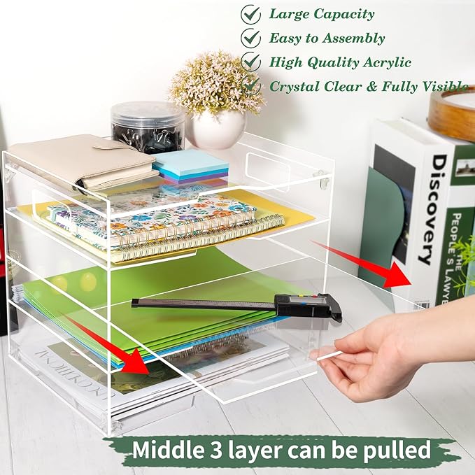 Paper Organizer File Letter Tray for Desk Office Organization Acrylic Folder Document Accessories Storage, Home School Desktop Supplies, 5 Tier with Handle