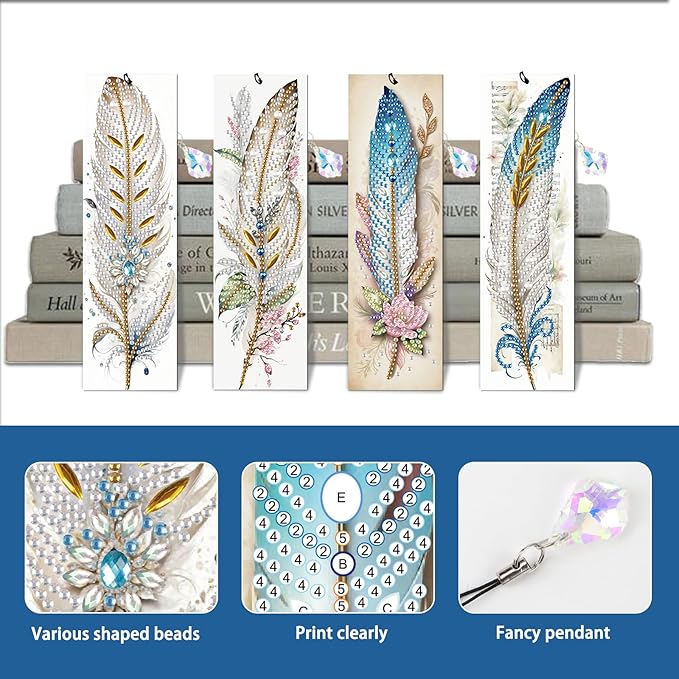 4-Piece 5D Diamond Painting Bookmarks Set, DIY Craft Kit with Rhinestones – Elegant Vintage Style Feather Design, Perfect for Book Lovers Adults, Unique Diamond Art Craft Bookmarks with Tassels