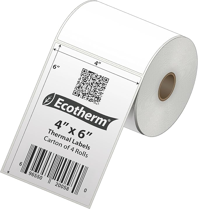 4" x 6" Thermal Labels | 4 Rolls | 1100 Labels | fits Zebra, Munbyn, Rollo, Godex, Arkscan, iDPRT, Offnova Thermal Label Printers and More | Blank White Adhesive Stickers by Ecotherm