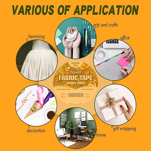 Fabric Tape - Strong Double-Sided Adhesive Cloth Tape, No Sewing or Ironing, Gluing, Alterations and Hemming - 2/5 Inch Wide 180FT Long