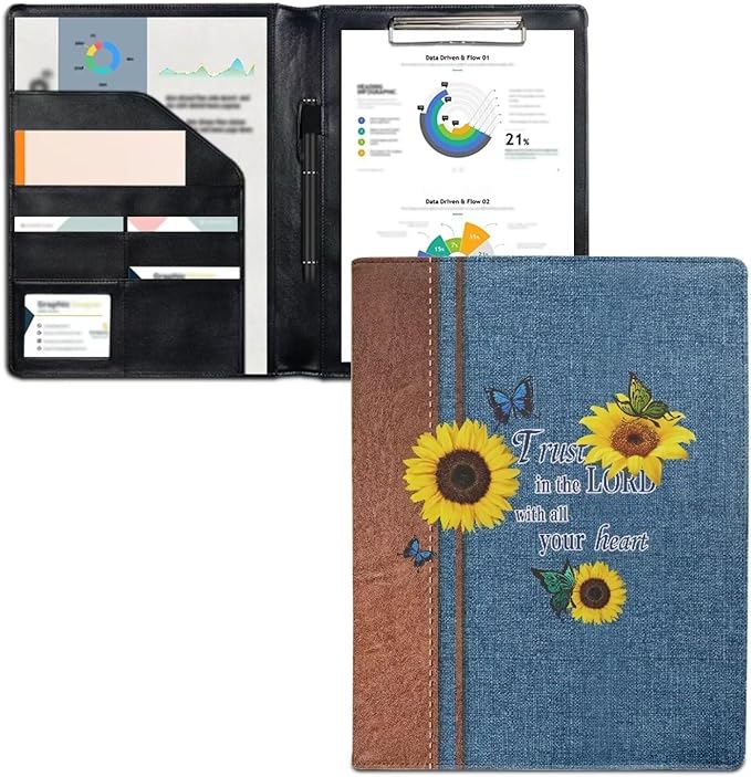 Sunflower Butterfly PU Leather Padfolio Clipboard Clip Business Resume Portfolio A4 Folder Interview Legal Document Organizer Business Card Holder Letter
