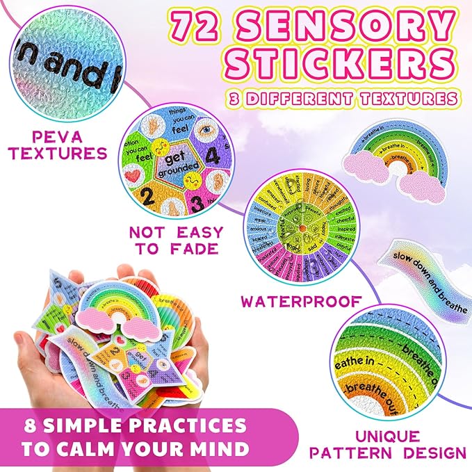 Libima 72 Pieces Anxiety Sensory Stickers Anxiety Textured Stickers Fidget Stickers Mindfulness Sticker School Counselor Supplies Adult Sensory Items Anxiety Relief, 9 Styles(Cute Color)