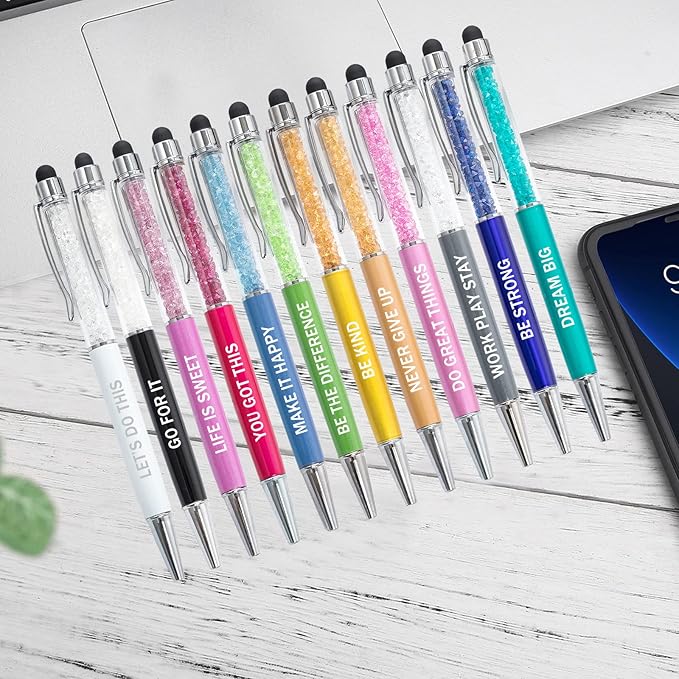 PASISIBICK 12 Pieces Crystal Stylus Employee Appreciation Pens, 2 in 1 Inspirational Greeting Motivational Ballpoint Pens for Christmas Appreciation Gift(12 Colors)