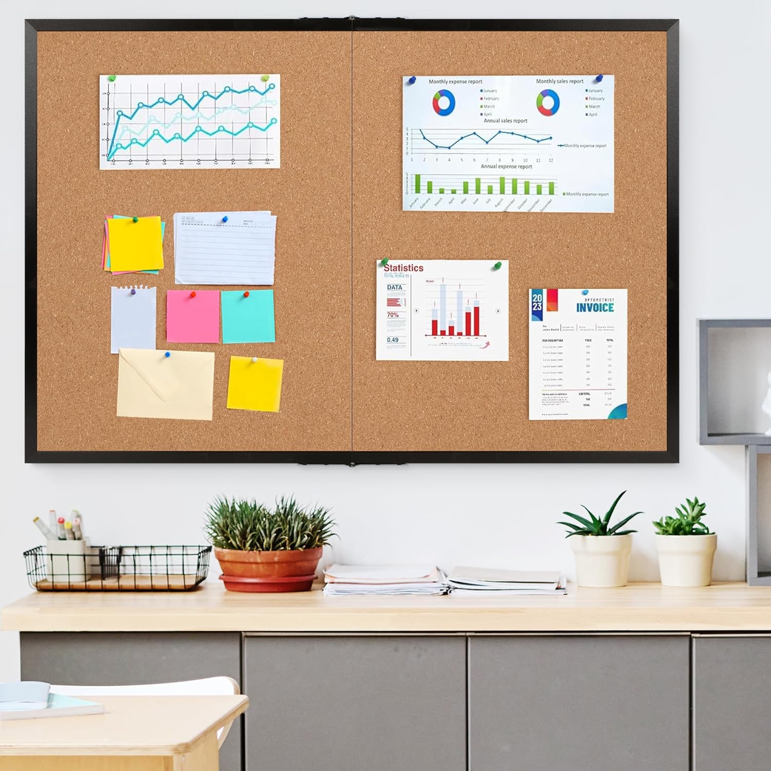 Board2by Cork Board Bulletin Board 36 x 48, Black Wood Framed 4x3 Corkboard, Foldable Office Board for Wall Decor, Large Wall Mounted Notice Pin Board with 36 Push Pins for School, Home & Office