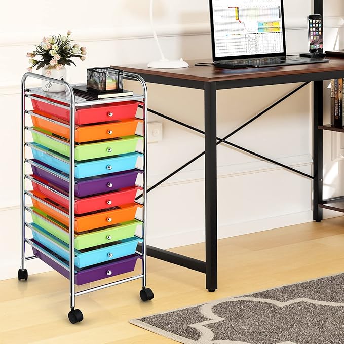 Storage Cart, Rolling Utility Cart with 10 Drawers, Portable Handles & Lockable Wheels, Mobile Paper Toys Storage Organizer Large Capacity for Home Office School Teacher (Multi-Color)